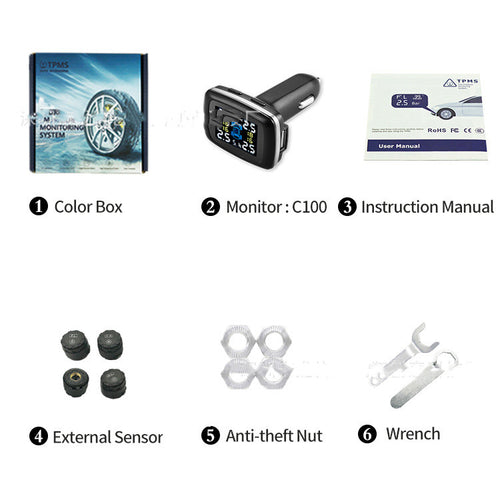 TPMS Tire Pressure Monitoring System 4-Sensor Cigarette Lighter USB