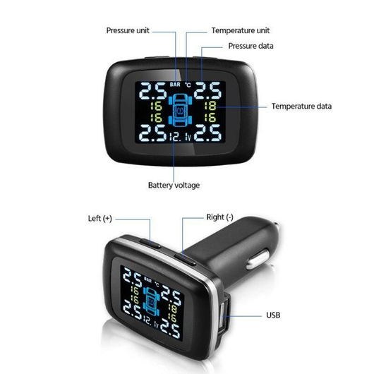 TPMS Tire Pressure Monitoring System 4-Sensor Cigarette Lighter USB