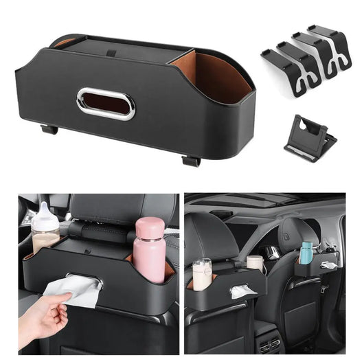 2L Genuine Leather Car Tissue Box Holder with Cup Slot Hanging Bag