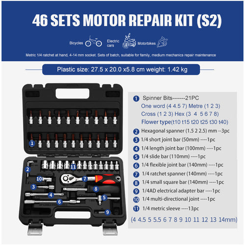 Socket Ratchet Wrench Set Car Repair Hand Tool Kit with Extension Bars